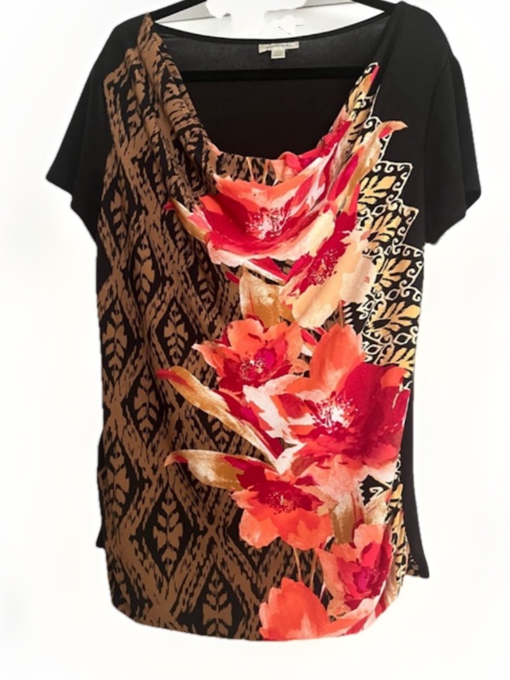 Dress Barn Floral Top Cowl Neckline Ruched Sides Office Black Size 16